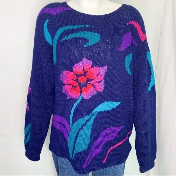 VINTAGE Lara Ferrante Floral Embroidered Purple Angora Blend Sweater - Picture 14 of 16